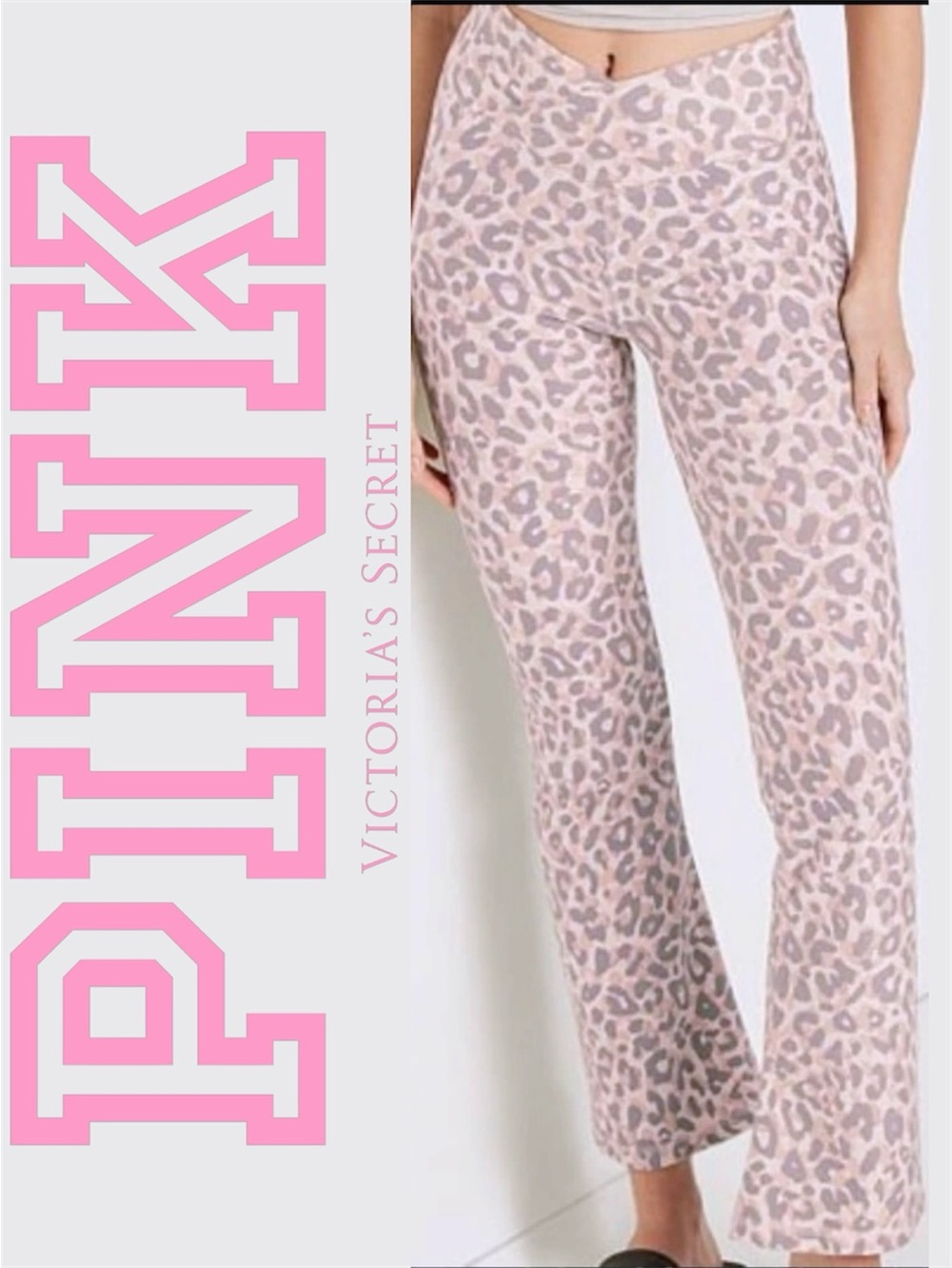 VS PINK Pink Leopard Print V Crossover Waist Flare Pants Size Large